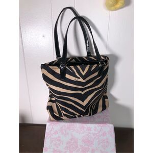Coach Womens Signature Striped Zebra Print Shoulder Tote Bag Black Tan Medium